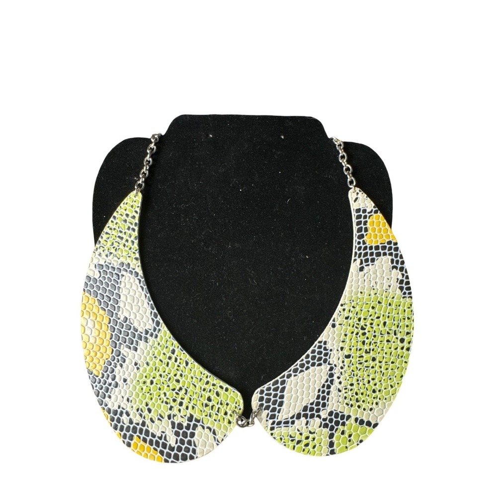Retro Rare Silver Tone Bib Necklace Green White Yellow Python Snakeskin Design